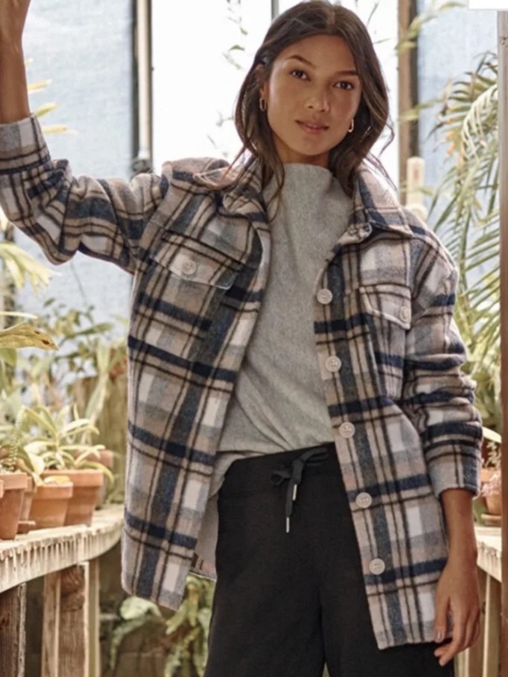 Evereve Simone Shacket plaid cozy oversized ladies Large NWT